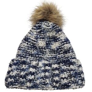Lucky Brand Pom Pom Beanie Winter Hat Blue/White Unisex One Size